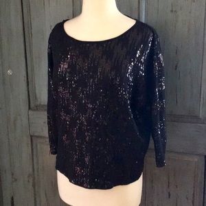 INC Black Sequined 3/4 Sleeve Top